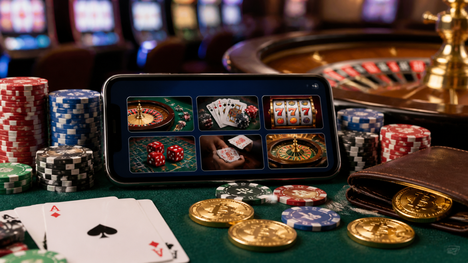 Casino table with a phone showing an online crypto casino game lobby