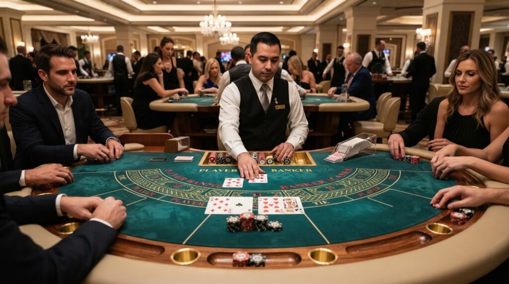 Khám Phá Game Bài Baccarat: Quy Tắc Và Chiến Thuật Hiệu Quả Bàn chơi game bài baccarat với phỉnh cược và bộ bài lá trên mặt thảm xanh