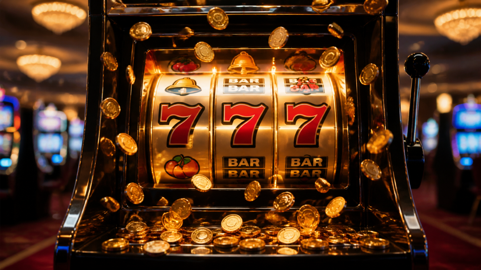 Nổ hũ là gì và cách nhìn đúng khi chơi game slot Máy slot casino với biểu tượng jackpot và đèn sáng