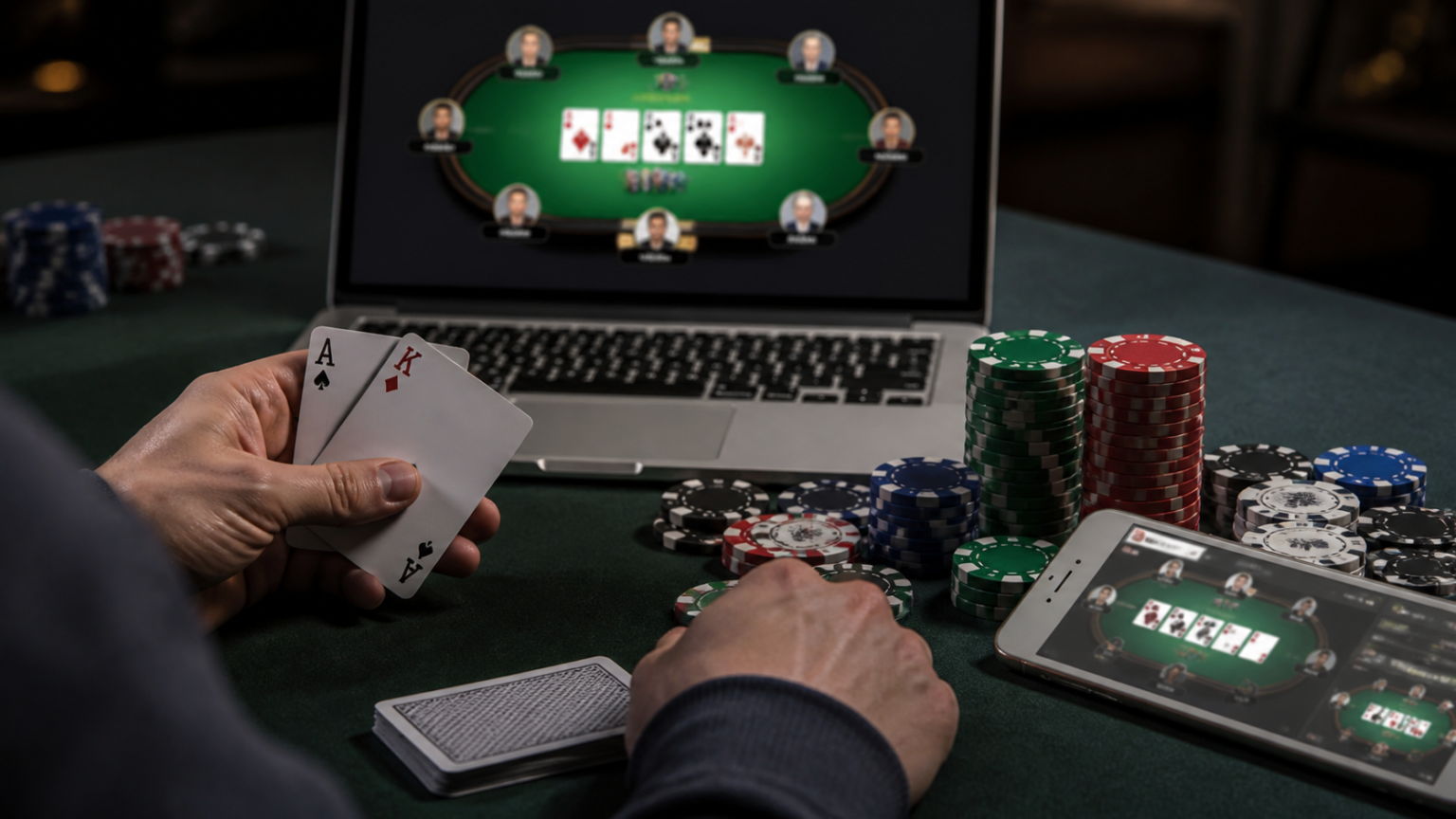 Online Poker in Malaysia: A Practical Guide for Players Poker chips and cards beside a device showing online poker gameplay