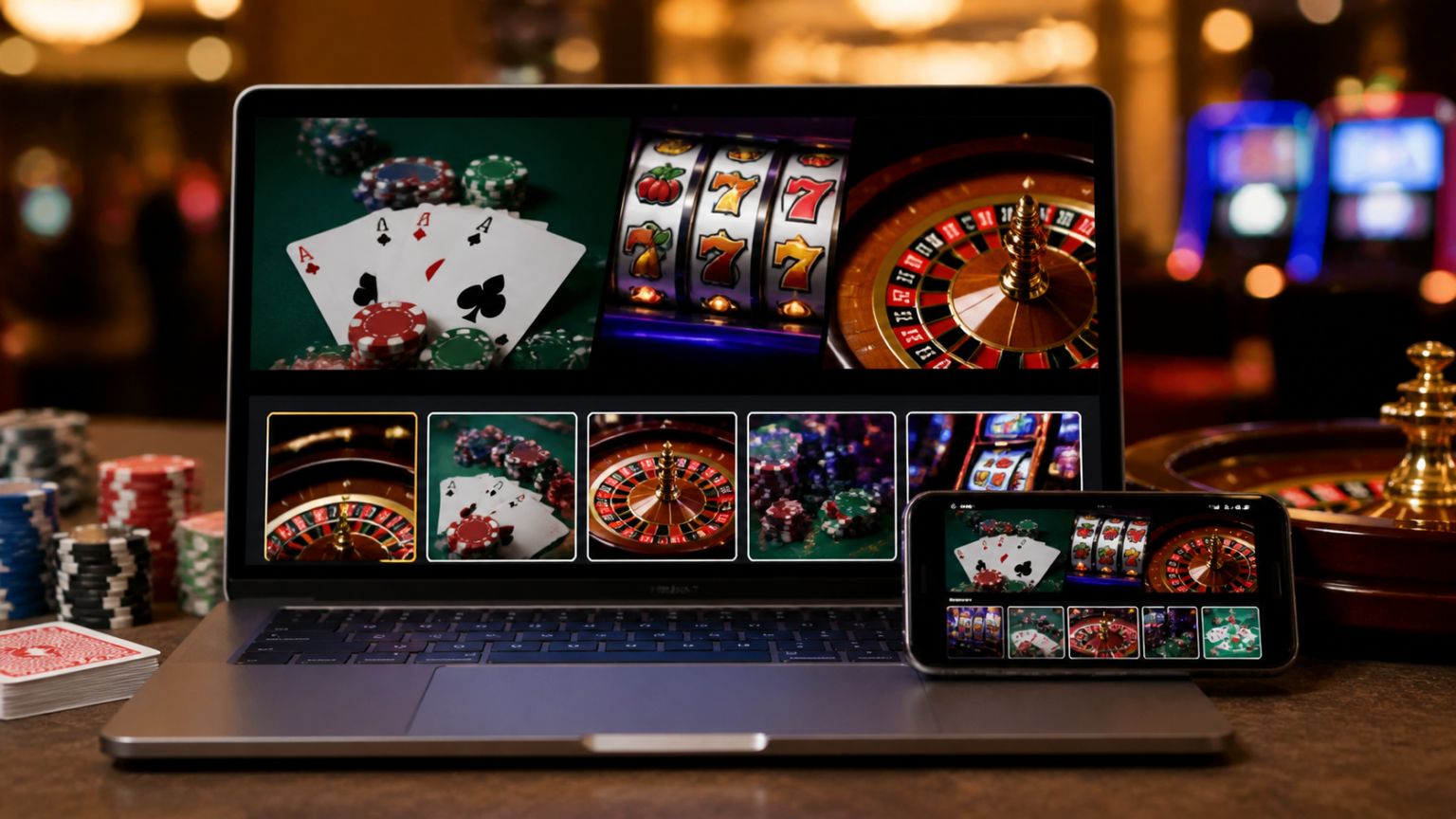 Laptop and phone showing an online casino Malaysia game lobby