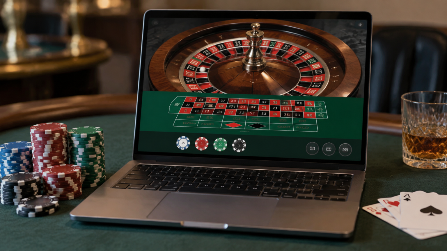 sg online casino: A Practical Guide to Evaluating Games Laptop displaying an online casino roulette game beside playing cards and casino chips.