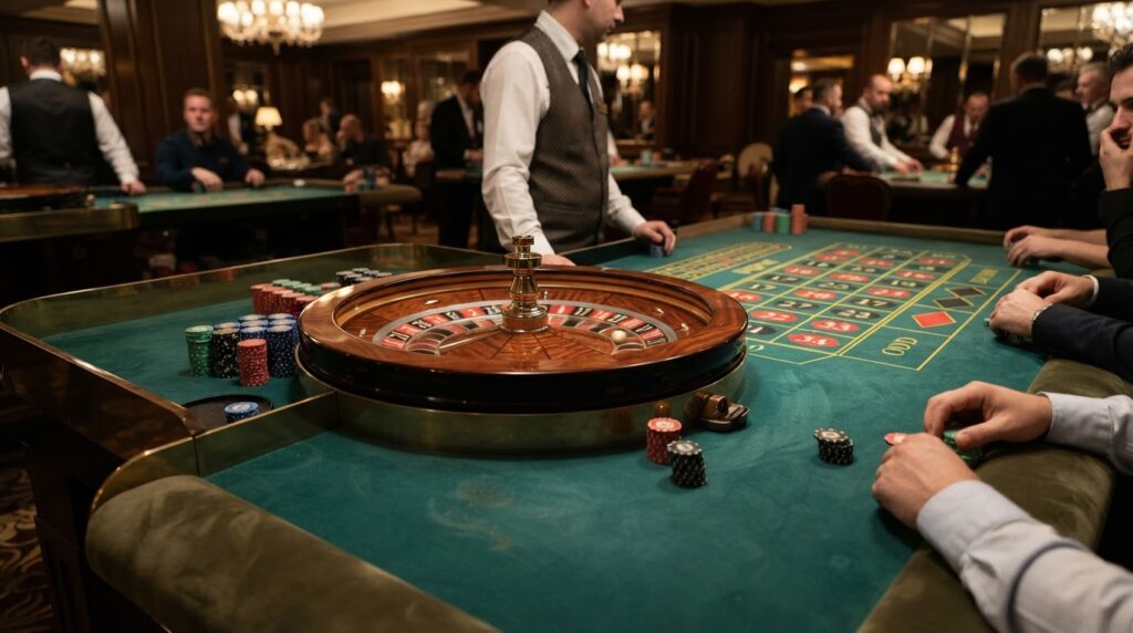 A close-up view of a luxury casino roulette wheel and betting chips.